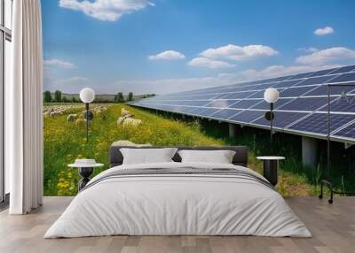 Sheep Grazing Near Solar Panels in a Field of Yellow Flowers Wall mural