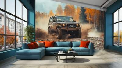 SUV-modified off road vehicles go through high speeds, mud and water splashes in off road racing. Generative Ai. Wall mural