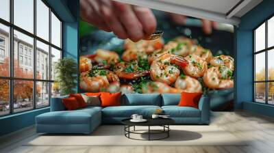 The professional chef prepares shrimp cuisine menus, seafood cooking, healthy vegetarian meals and meals with a kitchen background. Wall mural