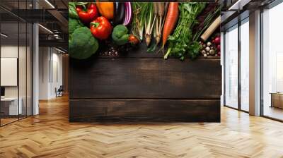 Top view and flat lay of fresh vegetables and fruits Healthy Raw vegetables scattered on rustic wooden table surface. Wall mural