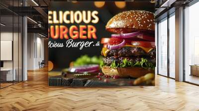 A very delicious big burger with a dark background. For use as a fast food banner or flyer design. Wall mural