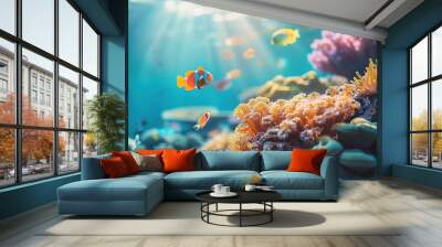 Beautiful coral reef with fish on clear turquoise water. Aquatic ecosystem background. Wall mural