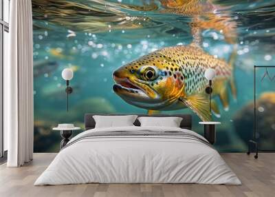 Close-up shot predatory fish salmon trout in habitat under water. Sport fishing concept Wall mural