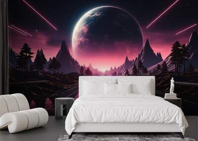 Synthwave-style landscape backdrop for banner, retrowave, synthwave, cyberpunk style Wall mural