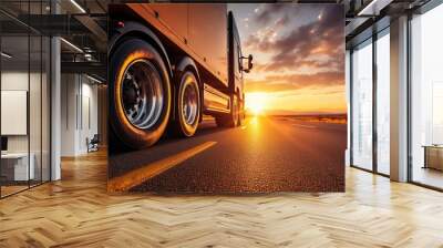 Truck Driving Towards the Sunset on a Country Road Wall mural