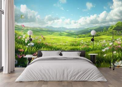 A beautiful summer landscape with a green field of grass and flowers stretching into the distance Wall mural