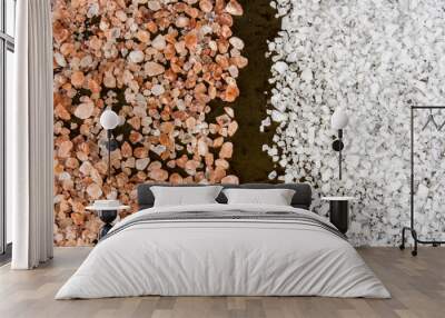 scattered himalayan pink salt crystals vs white salt crystals on rusty metal background Wall mural