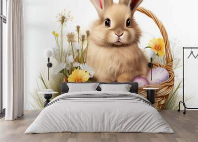 Adorable Bunny Sitting In A Wicker Basket With Flowers And Easter Eggs On A Green Lawn Wall mural