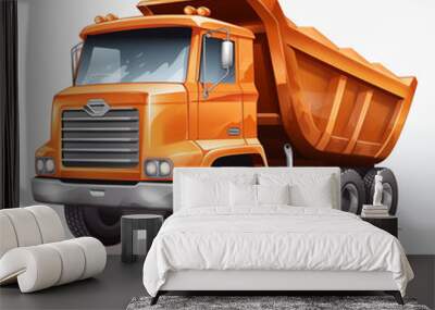 An orange cartoon dump truck ready for work on a construction site during the day Wall mural