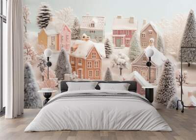 Miniature Winter Village With Snow-Covered Houses And Trees, Creating A Cozy And Festive Scene Wall mural