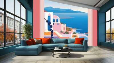 Pink and rose wine with a view of an open window and a view of the ocean Wall mural