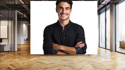 Smiling Young Man in Black Shirt With Crossed Arms on Gray Background Wall mural