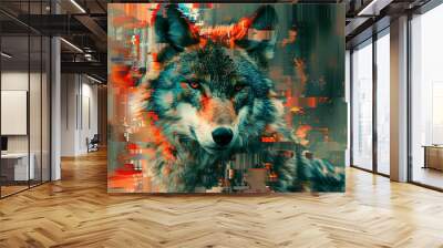 A digital distortion of an animal portrait featuring a wolf, with fragmented and pixelated elements blending with the natural details of the wolf's fur and profile. Wall mural