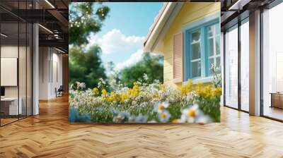 Cozy Pastel Yellow Bungalow Among Colorful Flowers Wall mural