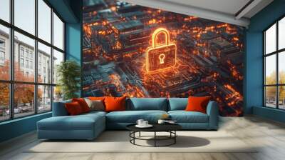 Futuristic Cybersecurity Concept with Lock Icon Wall mural