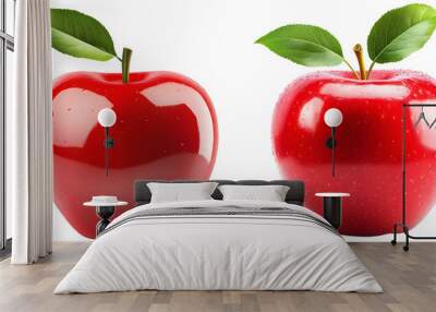 Red Apple Duo: A vibrant duo of glossy red apples with green leaves,, isolated on transparent background, perfectly illustrating the classic fruit's freshness and appeal. Wall mural