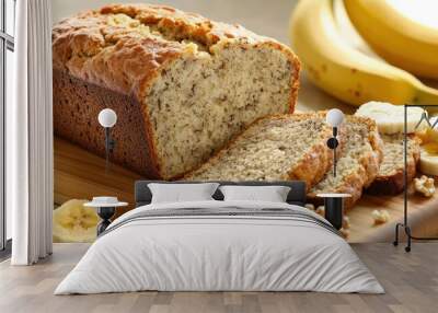 Sliced Banana Bread on Wooden Cutting Board Wall mural