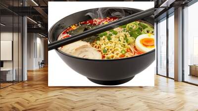 Steaming Hot Ramen Delight: A black bowl brimming with savory ramen, complete with chopsticks, nori, egg, and scallions, ready to satisfy any craving, isolated on transparent background. Wall mural