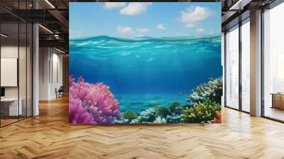 Underwater Paradise: A mesmerizing underwater scene with vibrant coral reefs, playful fish, and sunbeams piercing the surface.  Wall mural