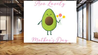 Vector illustration of an isolated cute kawaii avocado character holding a bunch of flowers. Avo lovely mother's day. Wall mural