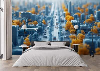 Aerial view of a miniature city with blue buildings and bright yellow trees. Concept of urban planning, sustainable living, and futuristic cities. 3D Illustration Wall mural