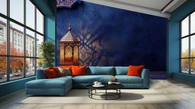 Arabic lanterns Light Lamp with dark blue grungy backdrop. Islamic Ramadan Kareem, iftar festival or Eid Mubarak banner background Wall mural