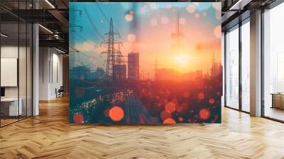 cityscape dusk featuring high voltage power lines and transmission towers. The image captures the essence of urban energy infrastructure with glowing city lights and bokeh effects in the foreground. Wall mural