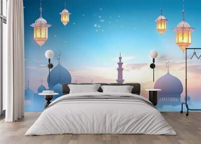 ramadan kareem paper cut illustration background. islamic lantern for eid mubarak greeting banner cover card. 3d art of a mosque with a moon and stars Wall mural