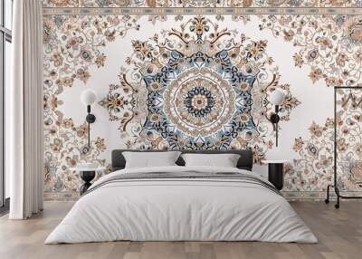 Top view old white Persian Asian carpet texture. abstract ornament classic Arabic pattern rug Wall mural