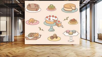 A collection of sweet bakery desserts. outline simple vector illustration. Wall mural