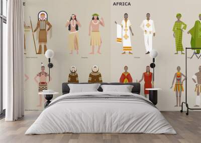 A collection of traditional costumes by country. Indigenous peoples and Africans. vector design illustrations. Wall mural