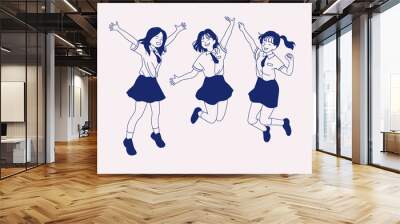 A girl wearing a school uniform is jumping with excitement. hand drawn style vector design illustrations.  Wall mural