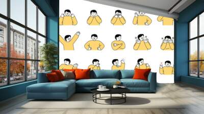 A set of 30 male characters expressing positive emotions. Simple illustration with outlines. Wall mural