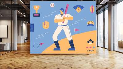 Baseball player character and baseball supplies icon set. flat design style minimal vector illustration. Wall mural