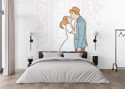 Beautiful couple kissing in romantic garden. hand drawn style vector design illustrations.  Wall mural