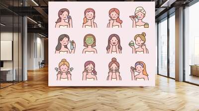 Cute female faces and various skin care methods. Information design in icon style with outline. Wall mural