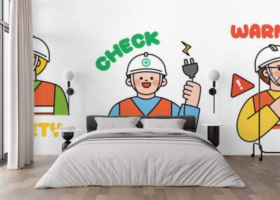 Cute human character explaining construction site safety rules. Safety, checklist, danger warning. Wall mural