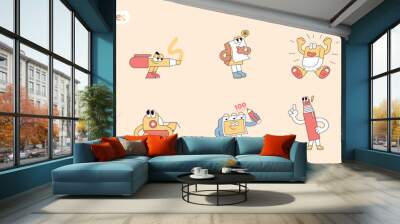 Cute school supplies characters. A collection of various actions. Wall mural