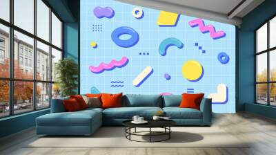 Cute shapes are scattered on the blue grid. Simple pattern design template. Wall mural