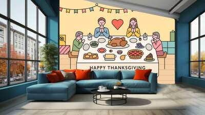 Families are sitting around a table on Thanksgiving and praying. flat design style minimal vector illustration. Wall mural