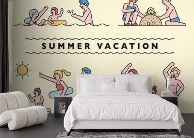 Families are spending summer holidays on the beach. flat design style minimal vector illustration. Wall mural