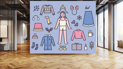 Girl's winter closet. The default girl character is standing, and winter fashion icons are organized around it. Wall mural