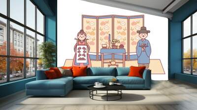 Groom and bride characters having a traditional Korean wedding ceremony. There is a food table in the middle and a folding screen at the back. Wall mural