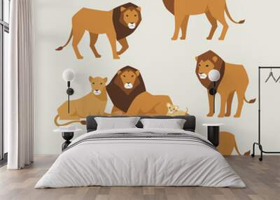 lion family various poses flat design illustration set Wall mural