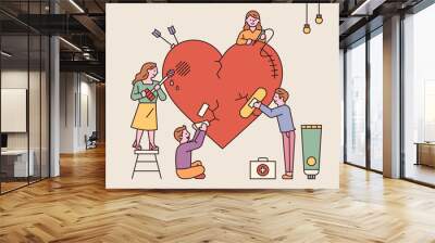 Many people heal massive heart wounds together. flat design style minimal vector illustration. Wall mural