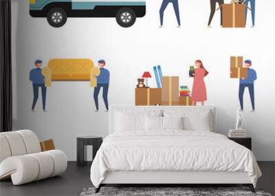 Moving company employees and luggage on the day of moving. concept illustration. flat design vector graphic style. Wall mural