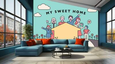 My sweet home. Grandparents, parents, and children stand happily together. flat design style minimal vector illustration. Wall mural