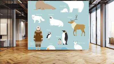 northpole animal and people flat design vector illustration Wall mural