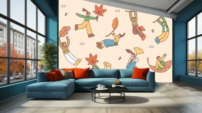 People are floating happily, hanging from large autumn leaves. outline simple vector illustration. Wall mural