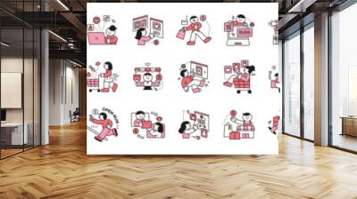 people are shopping. Online e-commerce. Cute character illustration in simple outline style. mega set. Wall mural